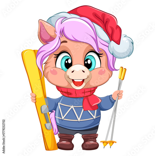 A cute cartoon horse character in a blue sweater holds skis