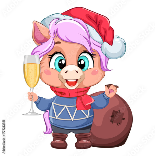 A cute cartoon horse character in a blue sweater holds a glass of champagne