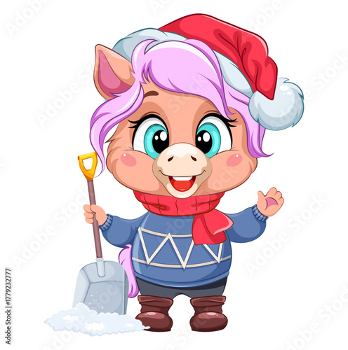 Cute cartoon horse character in a blue sweater with a snow shovel