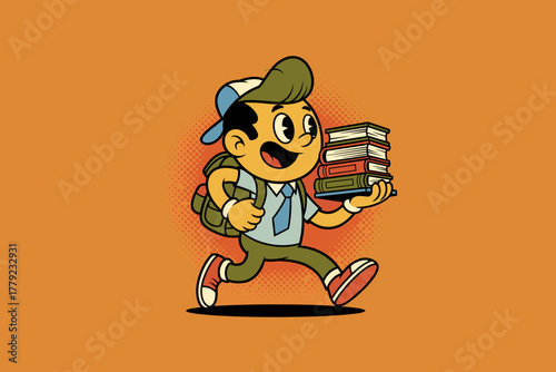 Happy Schoolboy Carrying Stack of Books and Backpack.