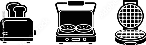 Collection of kitchen appliances for making breakfast, including a toaster, sandwich maker, and waffle iron.