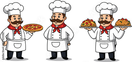Cartoon Italian chefs holding pizza and pasta dishes, cute restaurant mascot illustration, culinary cooking vector art for food branding design