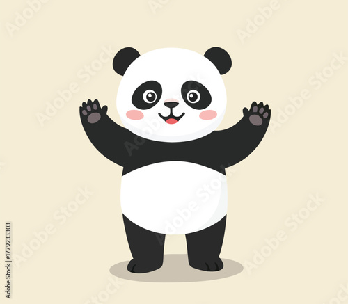 A cute, happy cartoon panda illustration standing with both arms raised in a welcoming or excited gesture. The panda has the iconic black and white markings, rosy cheeks, and a smiling expression.