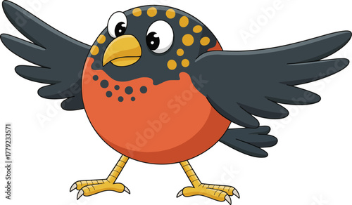 Cartoon robin with orange breast and black wings
