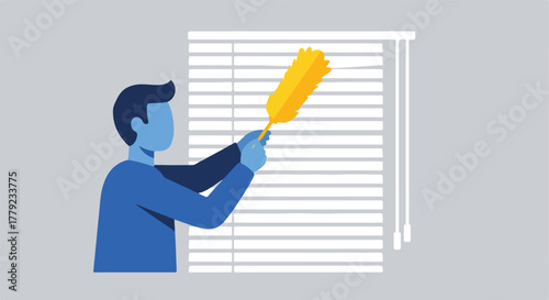 A person dusts a window blind with a feather duster