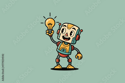 Retro Robot Character with Bright Idea Lightbulb.