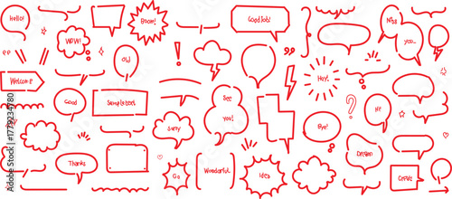  collection of hand-drawn, sketchy red speech bubbles and other graphic elements. vector illustration