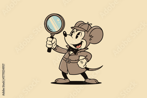 Vintage Cartoon Mouse Detective Holding Magnifying Glass.