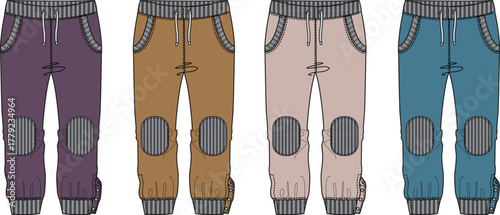 A set of four pairs of children's sweatpants with different colors and a consistent design featuring knee patches and drawstring waistbands