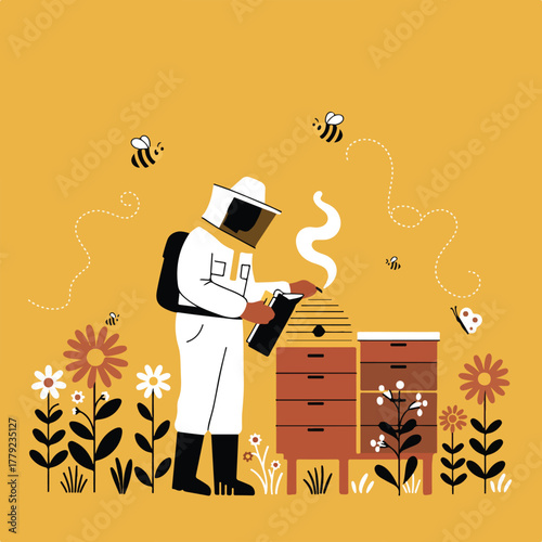 A beekeeper in protective suit smokes a hive. Bees and a butterfly fly among flowers on yellow ground