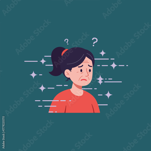 Illustration of a woman looking concerned with question marks, with glitter-like elements