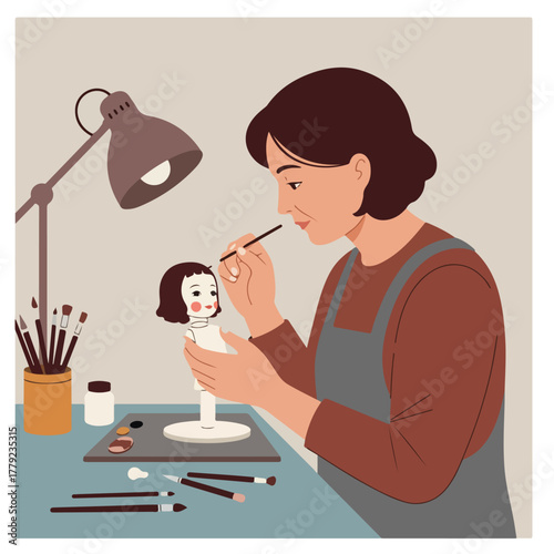 An artist carefully paints a doll's face with a brush under the glow of a desk lamp