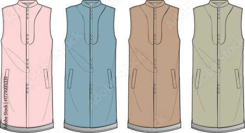 Collection of long sleeveless vest fashion flat sketches. Technical illustration template of a gilet with a stand collar and pockets shown in four color variations