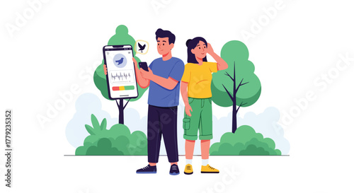 Two people in a park using a phone to identify a bird call