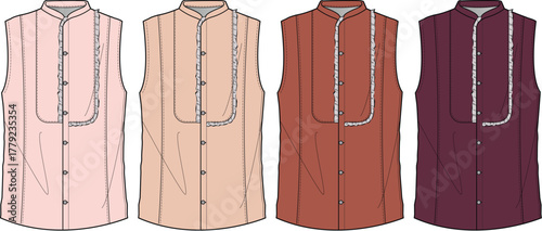 Four variations of a formal shirt with a pleated front, showcasing different color options for attire