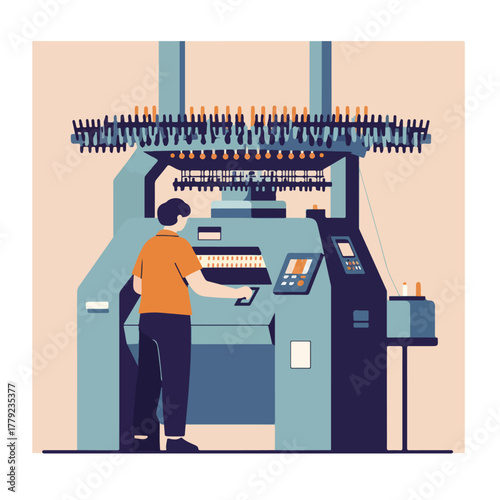 A flat illustration of a worker operating a textile machine. The machine looms large, detailed, and complex