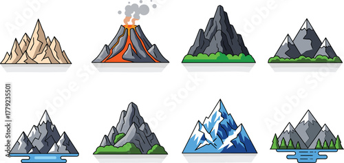 Cartoon mountain and volcano set with snow peaks, rocky cliffs, and erupting crater, vector illustration for geography and nature concept