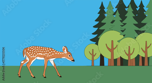 Fawn in a green landscape with trees