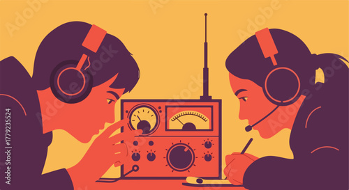 Two figures operating radio equipment