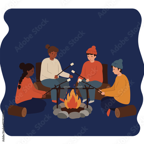 Four diverse people roast marshmallows over a campfire at night, sitting on logs, with a dark blue backdrop