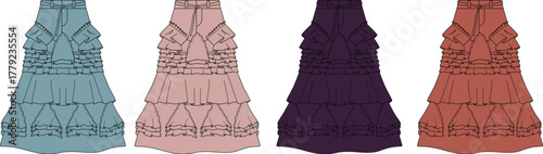 Four layered tiered dresses in different colors on a white background