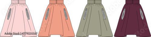 Fashion flat technical drawing of high-waisted harem pants with side pockets. Vector template set in multiple colorways for apparel design and clothing manufacturing