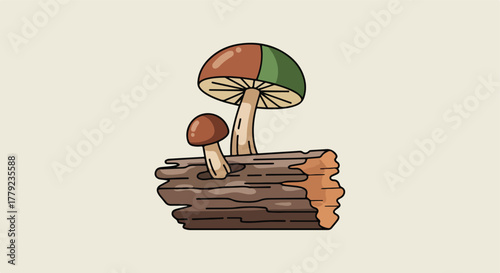 Stylized mushrooms growing from a log, illustrated with a beige background