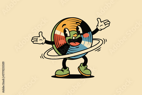 Happy retro vinyl record character dancing with hula hoop.