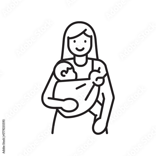 baby in sling with mother black line icon. Vector isolated element