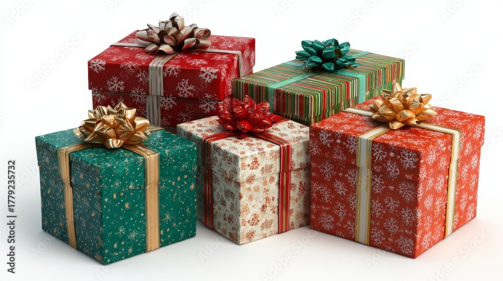 Obraz premium Collection of beautifully wrapped christmas gift boxes with festive ribbons and bows isolated on white background, perfect for holiday season designs, winter celebration advertisements, christmas gree