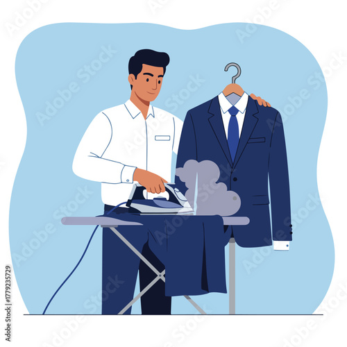 A man in a white shirt irons dark blue clothing; a suit hangs beside him,  in a flat vector style