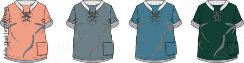 Fashion flat sketches Short-sleeved tunic top design with lace-up v-neck and front pocket, shown in peach, grey, blue, and green color variations for apparel technical drawing