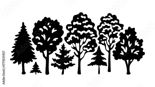 Silhouette Forest Scene: A graphic illustration showcases a captivating silhouette of various tree types, set against a bright backdrop, evoking a sense of tranquility.