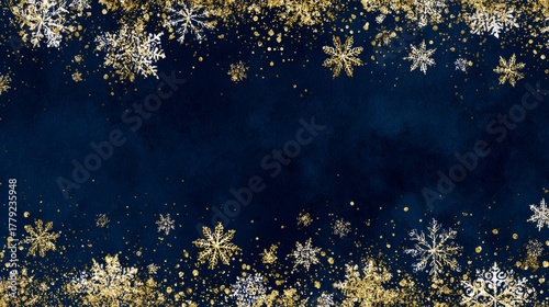 Elegant navy blue christmas background with sparkling snowflakes, shimmering gold sequins, festive glitter, and luxurious holiday design perfect for winter celebration, greeting cards, invitations, an