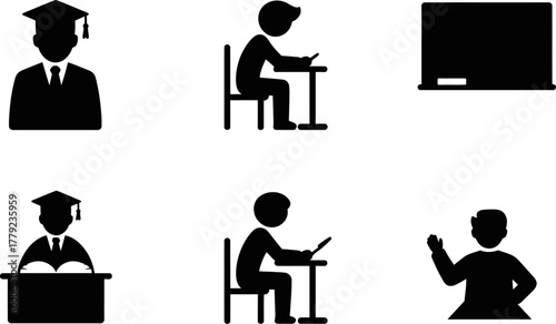 Silhouettes of students in graduation caps studying and a teacher in a classroom setting