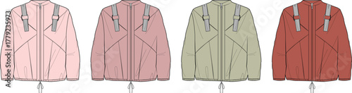 Technical fashion flat drawing set of a contemporary windbreaker jacket featuring functional harness straps, shown in four different color options for apparel design