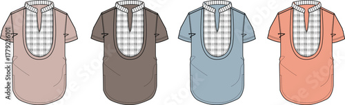 Set of men's short-sleeve tunic shirts with checkered plackets shown in multiple colorways, a vector illustration for apparel design and technical flats
