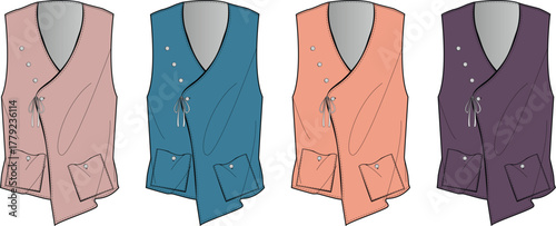 Contemporary women's vests in various colors, featuring asymmetrical design, zippers, and pockets for apparel fashion, ideal for modern design projects