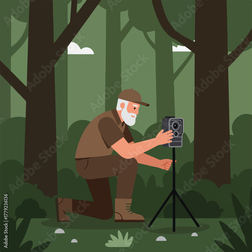 An illustrated man kneels, setting up a camera on a tripod, in a forest setting. He is wearing a cap