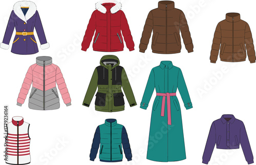 Cartoon outerwear collection with coats, jackets, and vests in various styles, vector illustration for winter fashion and clothing concept
