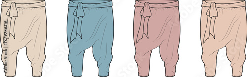 Flat lay fashion illustration of versatile women's jogger pants, featuring a relaxed fit and stylish tie-waist detail in a palette of soft, earthy tones and elegant pastels