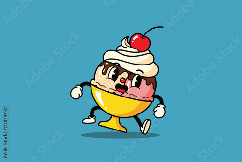 Cute Ice Cream Sundae Character with Cherry Topping Walking.