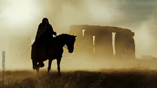 A silhouette of a person riding a horse in a misty landscape. The style is cinematic, with a focus on capturing the essence of the scene rather than intricate details.