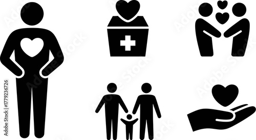 Diverse icons representing love, care, and community support