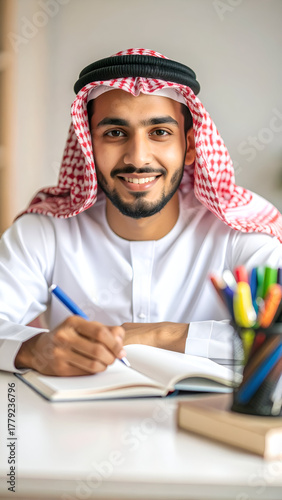 Young Arab man in traditional clothing studying and writing in a notebook.