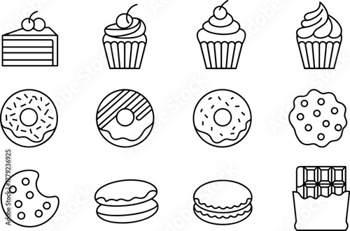 Delicious dessert icon set with cake, cupcake, donut, cookie, macaron, chocolate bar, sweet food illustration for bakery and cafe design