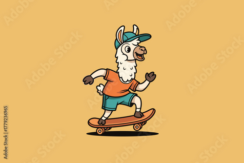 Cool Llama Skateboarding with Cap and T-shirt.