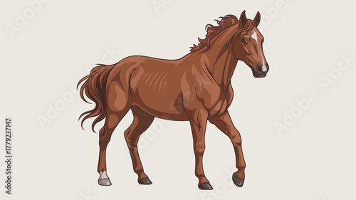 A chestnut horse with a white blaze is walking on a plain background