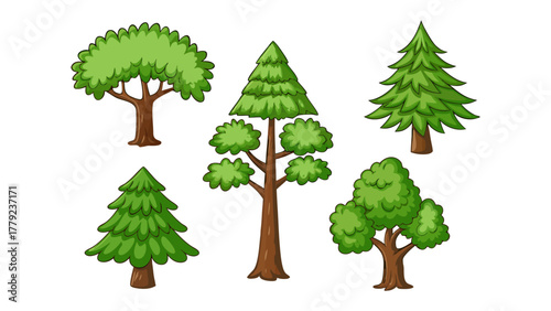 Green Forest: A vibrant illustration showcasing an array of trees, each with unique characteristics and designs. They evoke feelings of tranquility and appreciation for nature's diverse designs. 