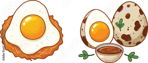 Fried egg and boiled quail eggs with sauce bowl and herbs, breakfast food illustration, organic protein meal concept, vector art